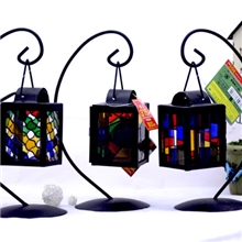 供应铁艺烛台风灯淘宝热卖地中海风情花式彩玻铁艺风灯1056