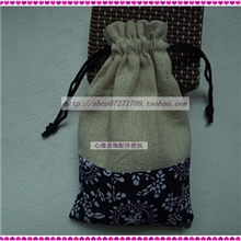 厂家提供棉麻+底部青花布袋双束口拼布DIY首饰饰品布袋