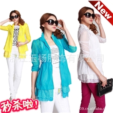夏款新品女装糖果色泡泡袖蕾丝七分袖透明薄外套防晒衣空调服270