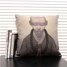 古典禅意向佛的小和尚棉麻抱枕东方美学创意靠垫靠枕加工批发