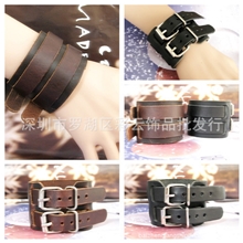 欧美朋克夸张真皮护腕复古非主流大气宽皮双扣头牛皮手链腕带