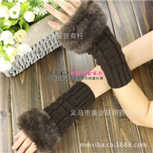 义乌批发韩版针织毛线露指兔毛手套女秋冬天保暖半指键盘手臂套