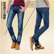 男式牛仔长裤雪花水洗牛仔长裤男装男式韩版水洗磨白小脚牛仔裤