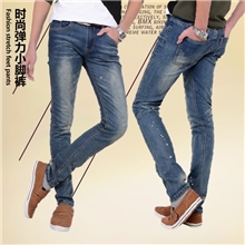 时尚水洗磨白猫须韩版中腰小脚牛仔长裤男装男式喷墨小脚牛仔裤