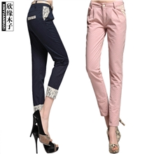 【清仓】新款韩版修身百搭小圆点蕾丝裤脚女式休闲铅笔裤9651