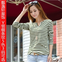 2013秋季新款韩版修身V领细条纹女式长袖打底衫女款长袖T恤批发