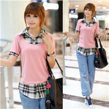 2013夏季韩版夏装格子假两件套衬衫女短袖袖修身女士T恤