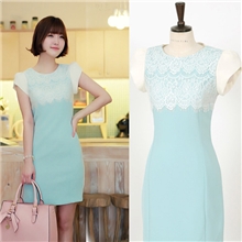 女装甜美撞色蕾丝睫毛装饰泡泡袖雪纺连衣裙代理批发加盟