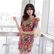 韩国东大门韩版女装碎花图案印花耸肩短袖修身连衣裙批发代理