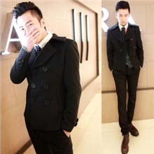 2013秋冬韩版短款加绒立体大翻领双排扣呢大衣男