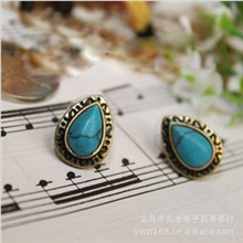 E094民族风饰品复古蓝色松石水滴雕花质感耳钉