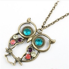 X023复古彩钻镂空雕花可爱猫头鹰项链