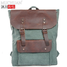 帆布配真皮双肩包书包韩版女潮背包英伦学院休闲百搭旅行包