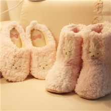 新款毛绒绒浅粉色小兔带小尾巴蝴蝶结家居棉拖鞋家居棉靴静音批发
