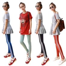 韩版显瘦侧白边打底裤棉九分裤长裤休闲裤运动裤九分春夏小脚裤