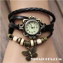 爆款手工编织韩国时尚手链表复古表女表批发蝴蝶真皮手表1件代发
