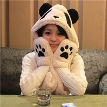 厂家直销：正版加厚熊猫帽子围巾三合一三件套可爱卡通帽