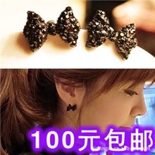 E035韩国官网同款黑色甜美蝴蝶结满钻可爱耳钉耳洞耳环女