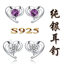 【赠送证书】浪漫爱心镀白金镶水晶925纯银耳钉纯银饰品506011