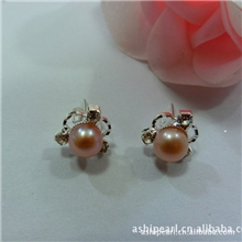 批发供应天然淡水珍珠饰品5-6mm镶钻三色珍珠耳钉