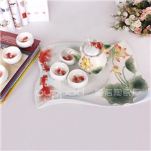 新品珐琅瓷8头年年有余中式茶具配茶盘套装陶瓷骨瓷工艺礼品