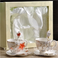 珐琅瓷情侣苹果花咖啡杯碟对杯套具/骨瓷陶瓷礼品/家居工艺品