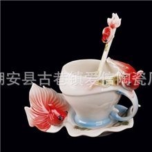 珐法琅瓷新款金鱼咖啡杯碟勺套装/咖啡具茶具/骨瓷礼品/工艺品