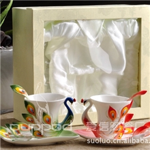 供应珐琅瓷情侣杯孔雀双杯碟套装/骨瓷礼品/咖啡具茶具