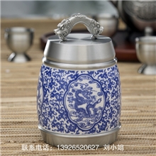 纯锡坊茶叶罐马来西亚纯锡罐青花瓷龙韵神州茶叶罐会议定制