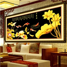 批发价金色荷花福鱼聚财棉线精准印花十字绣大正品新款客厅大画