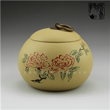 厂家供应宜兴原矿紫砂茶叶罐陶刻彩色小牡丹罐精品醒茶散茶叶罐