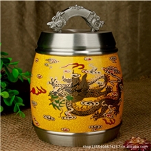 纯锡茶叶罐锡加黄瓷10020五彩云龙茶叶罐小号金属工艺品