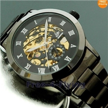 EBAY热销钨钢镂空机械手表背透金芯罗马文字机械男表大表盘