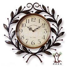批发铁艺田园橄榄连理枝挂钟表欧式客厅静音创意时尚工艺钟表