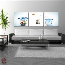 动物无框画猫和鱼三联家居装饰画工艺画卧室挂画壁画背景墙画