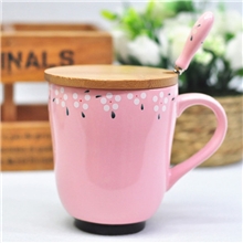 陶瓷杯批发1291小花木盖陶瓷杯子配勺杯牛奶杯创意杯具杂货