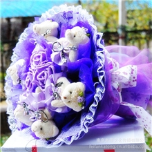 卡通花束批发代理情人节礼物批发公仔花束6只水钻熊3朵仿真花束