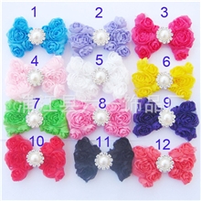 批发8CM多排雪纺立体玫瑰蝴蝶结+珍珠水钻DIY发饰儿童头饰