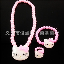 热销款韩国女儿童饰品KITTY珍珠项链手链戒指三件套装TJ-020
