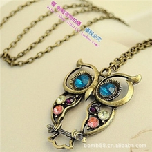 镶钻彩钻明星款复古可爱猫头鹰项链毛衣链