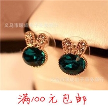 特价包邮古饰品批发可爱迷人绿色宝石精致兔子耳钉义乌厂家