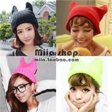 SNN-996日本原宿可爱恶魔针织牛角猫耳朵帽荧光针织帽