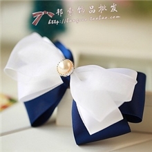 原创批发清新脱俗藏蓝乳白绢纱混搭蝴蝶结边夹顶夹A087