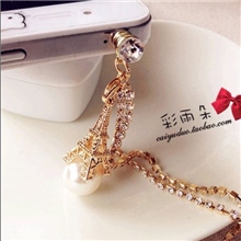 热卖新款巴黎埃菲尔铁塔珍珠流苏苹果防尘塞手机耳机堵iphone4