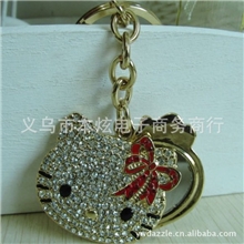 厂家直销水钻kitty猫带镜子钥匙扣KITTY时尚高档包包挂件批发