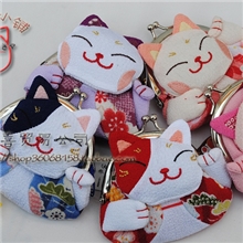日本外贸原单招喜屋和风招财猫布大猫头女式零钱包钥匙包厂家批发