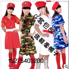 军旅舞蹈演出服装/中学生女兵表演白色红色军装迷彩服/海蓝色