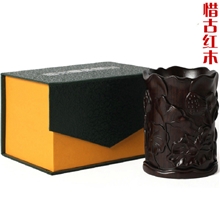 红木工艺品木雕笔筒木雕摆件生日礼品黑紫檀荷花实木笔筒