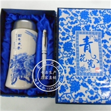 批发陶瓷双层保温杯青花瓷保温杯国色天香养生杯青花套装