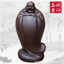 【厂家直销】红木工艺品黑檀木雕福在眼前摆件工艺摆件五福弥勒